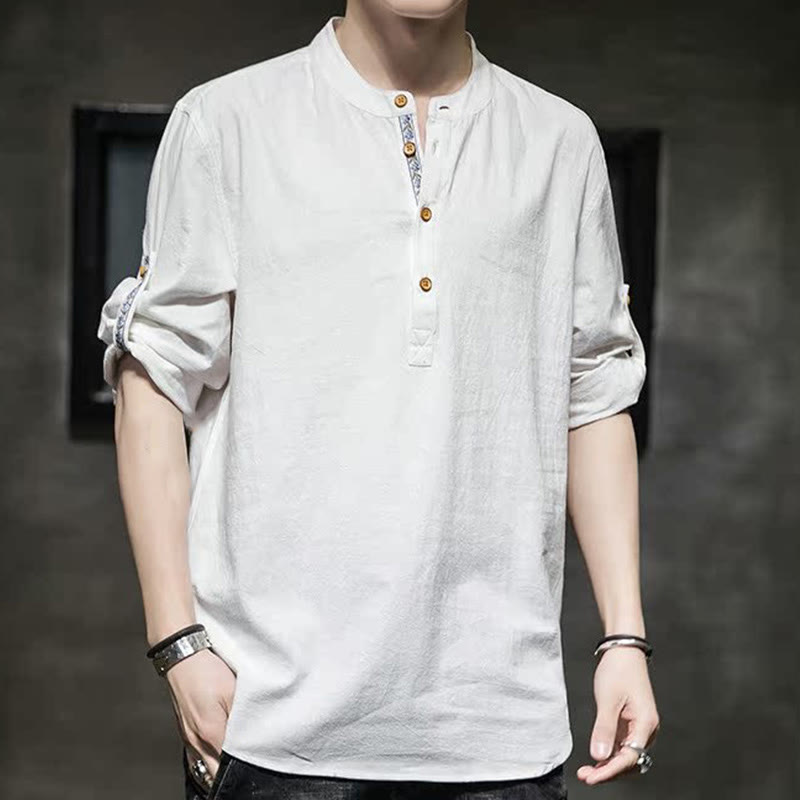 Camicia da uomo in lino con maniche corte e bottoni a metà polpaccio, modello Buddha Stones Summer Solid
