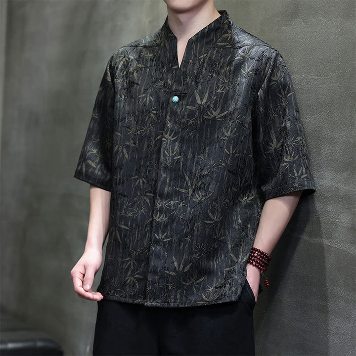 Camicia da uomo in lino a mezza manica con Buddha Stones Summer Golden Bamboo Jacquard - Nero - US/UK/AU46, EU56 (5XL) - image 0