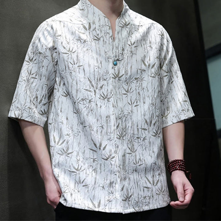 Camicia da uomo in lino a mezza manica con Buddha Stones Summer Golden Bamboo Jacquard - image 9