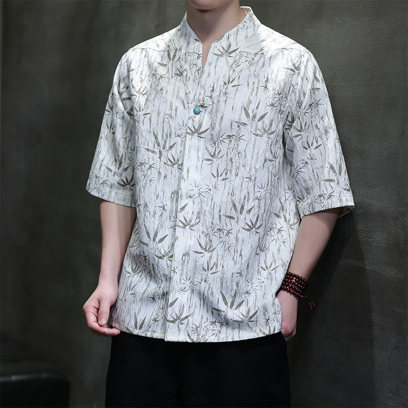 Camicia da uomo in lino a mezza manica con Buddha Stones Summer Golden Bamboo Jacquard - Bianco - US/UK/AU46, EU56 (5XL) - image 8