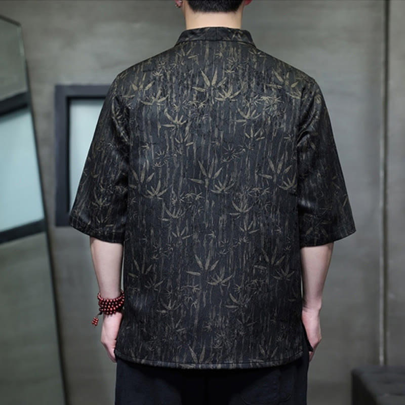 Camicia da uomo in lino a mezza manica con Buddha Stones Summer Golden Bamboo Jacquard - image 1