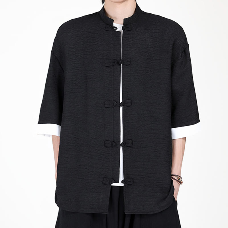 Camicia da uomo a mezza manica con bottoni a rana, modello Buddha Stones, in tinta unita