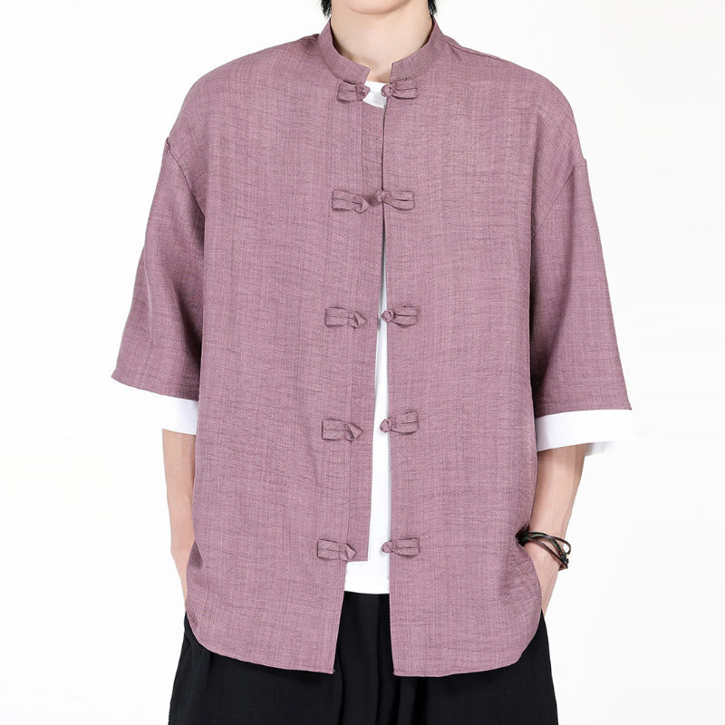 Camicia da uomo a mezza manica con bottoni a rana, modello Buddha Stones, in tinta unita
