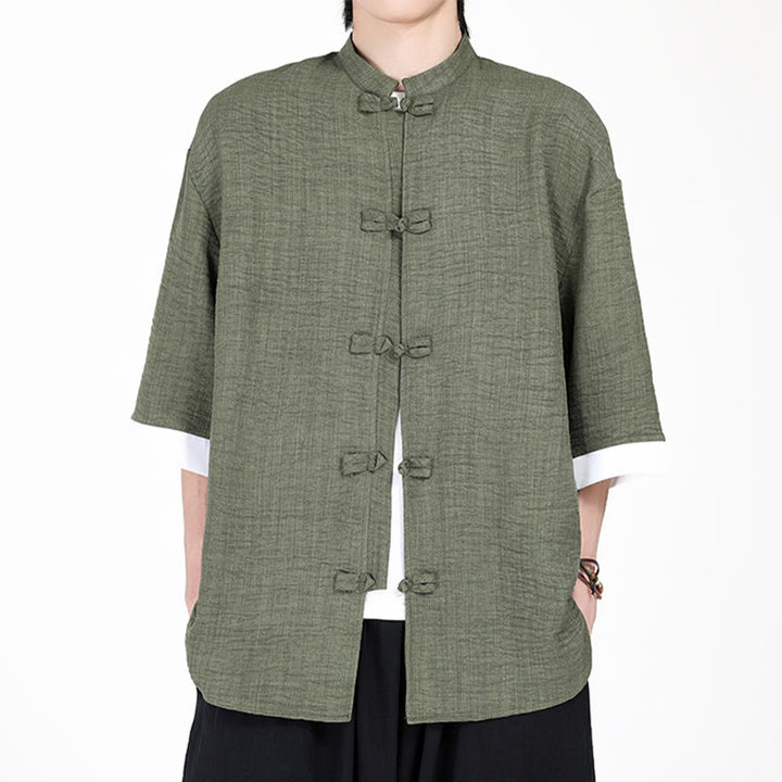 Camicia da uomo a mezza manica con bottoni a rana, modello Buddha Stones, in tinta unita