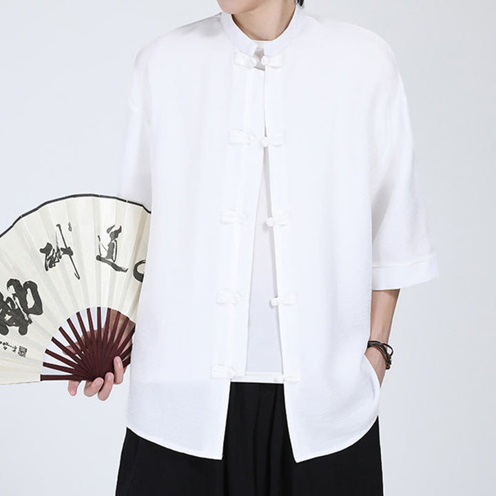 Camicia da uomo a mezza manica con bottoni a rana, modello Buddha Stones, in tinta unita