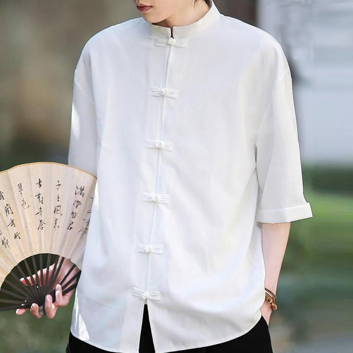 Camicia da uomo a mezza manica con bottoni a rana, modello Buddha Stones, in tinta unita