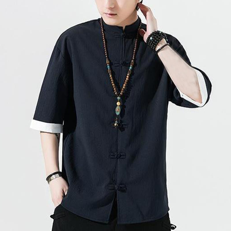 Camicia da uomo a mezza manica con bottoni a rana, modello Buddha Stones, in tinta unita