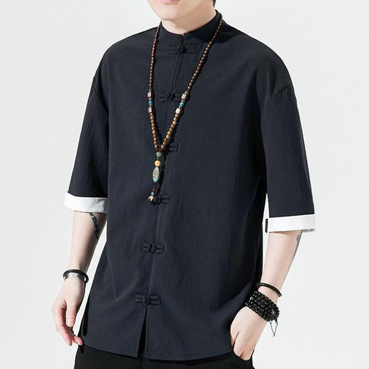 Camicia da uomo a mezza manica con bottoni a rana, modello Buddha Stones, in tinta unita