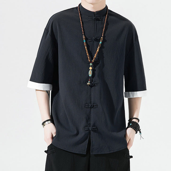 Camicia da uomo a mezza manica con bottoni a rana, modello Buddha Stones, in tinta unita