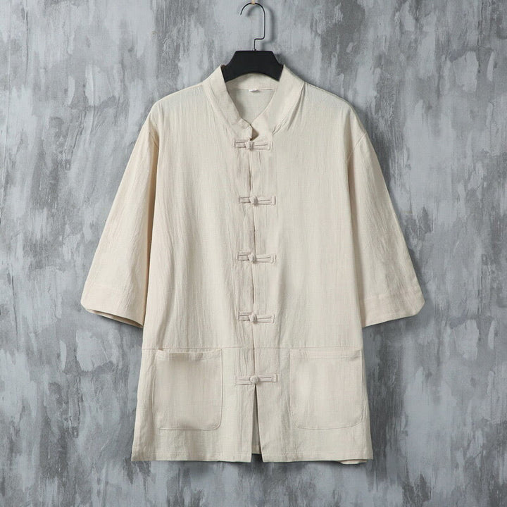 Camicia da uomo in lino a mezza manica con tasche, modello Buddha Stones, tinta unita, modello Tang Suit, bottoni a rana