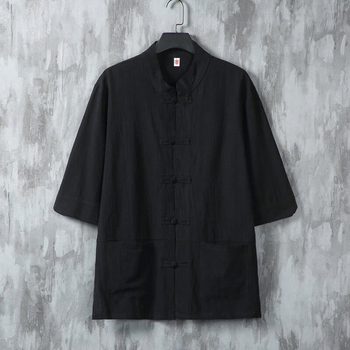 Camicia da uomo in lino a mezza manica con tasche, modello Buddha Stones, tinta unita, modello Tang Suit, bottoni a rana - Nero - US/UK/AU46, EU56 (5XL) - image 7