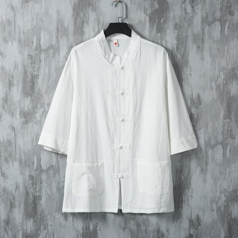 Camicia da uomo in lino a mezza manica con tasche, modello Buddha Stones, tinta unita, modello Tang Suit, bottoni a rana