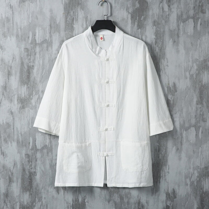 Camicia da uomo in lino a mezza manica con tasche, modello Buddha Stones, tinta unita, modello Tang Suit, bottoni a rana