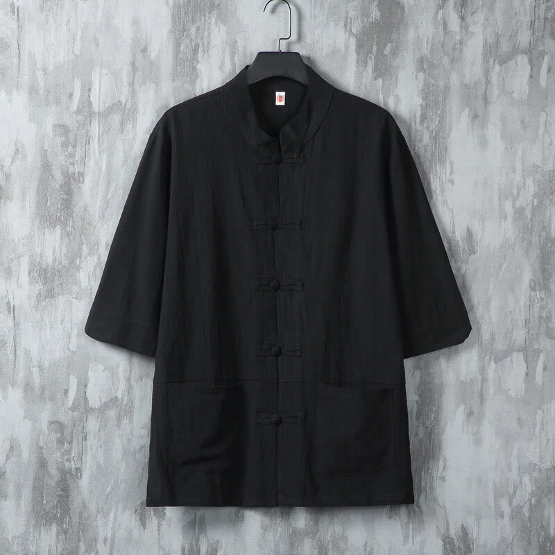 Camicia da uomo in lino a mezza manica con tasche, modello Buddha Stones, tinta unita, modello Tang Suit, bottoni a rana