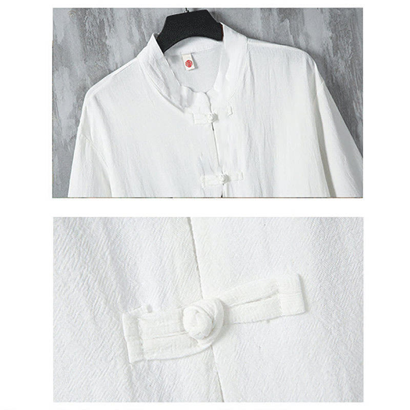 Camicia da uomo in lino a mezza manica con tasche, modello Buddha Stones, tinta unita, modello Tang Suit, bottoni a rana