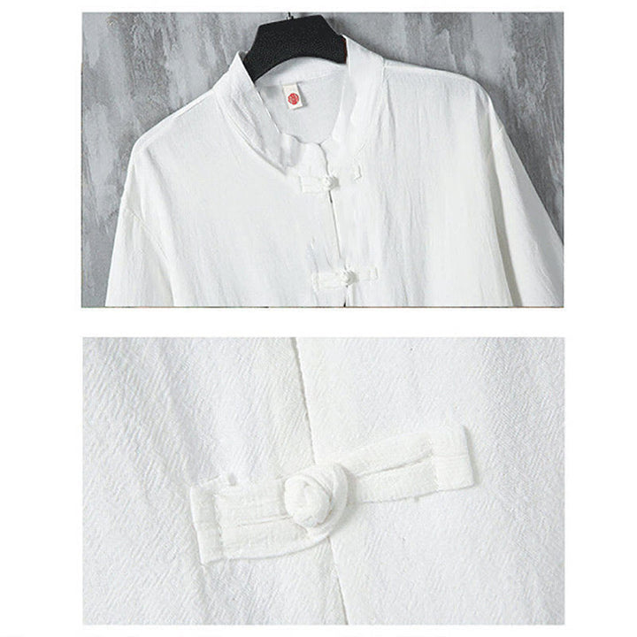 Camicia da uomo in lino a mezza manica con tasche, modello Buddha Stones, tinta unita, modello Tang Suit, bottoni a rana