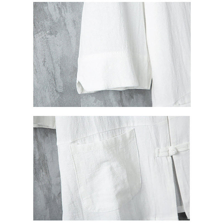 Camicia da uomo in lino a mezza manica con tasche, modello Buddha Stones, tinta unita, modello Tang Suit, bottoni a rana