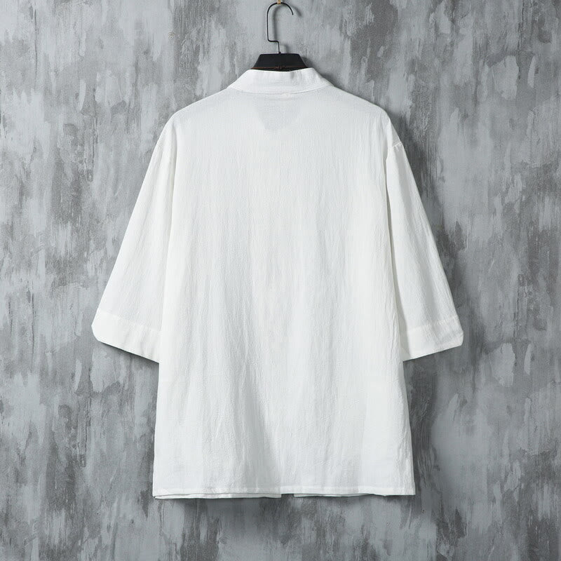 Camicia da uomo in lino a mezza manica con tasche, modello Buddha Stones, tinta unita, modello Tang Suit, bottoni a rana - image 3