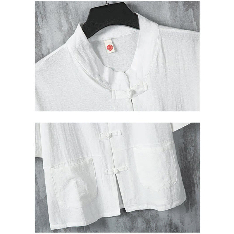 Camicia da uomo in lino a mezza manica con tasche, modello Buddha Stones, tinta unita, modello Tang Suit, bottoni a rana