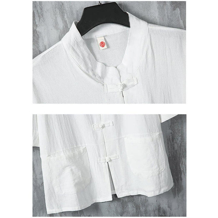 Camicia da uomo in lino a mezza manica con tasche, modello Buddha Stones, tinta unita, modello Tang Suit, bottoni a rana
