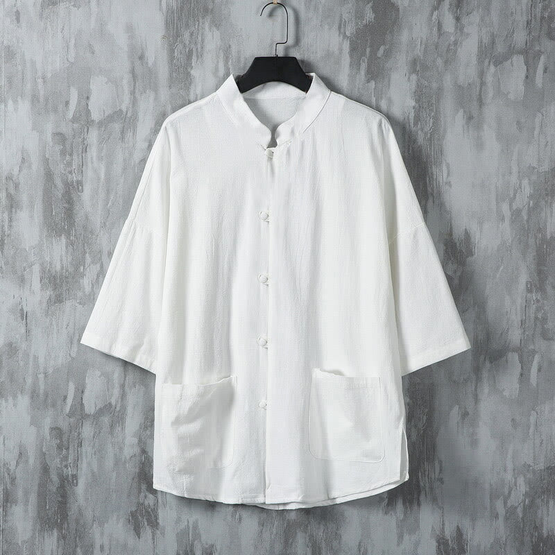 Camicia da uomo in lino a mezza manica con tasche, modello Buddha Stones Summer, tinta unita