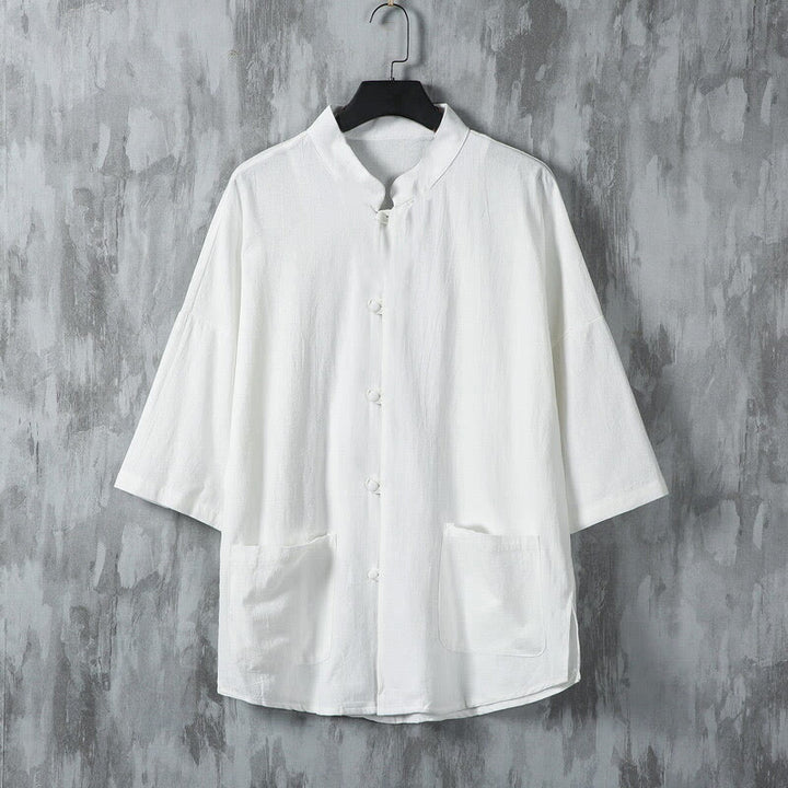 Camicia da uomo in lino a mezza manica con tasche, modello Buddha Stones Summer, tinta unita