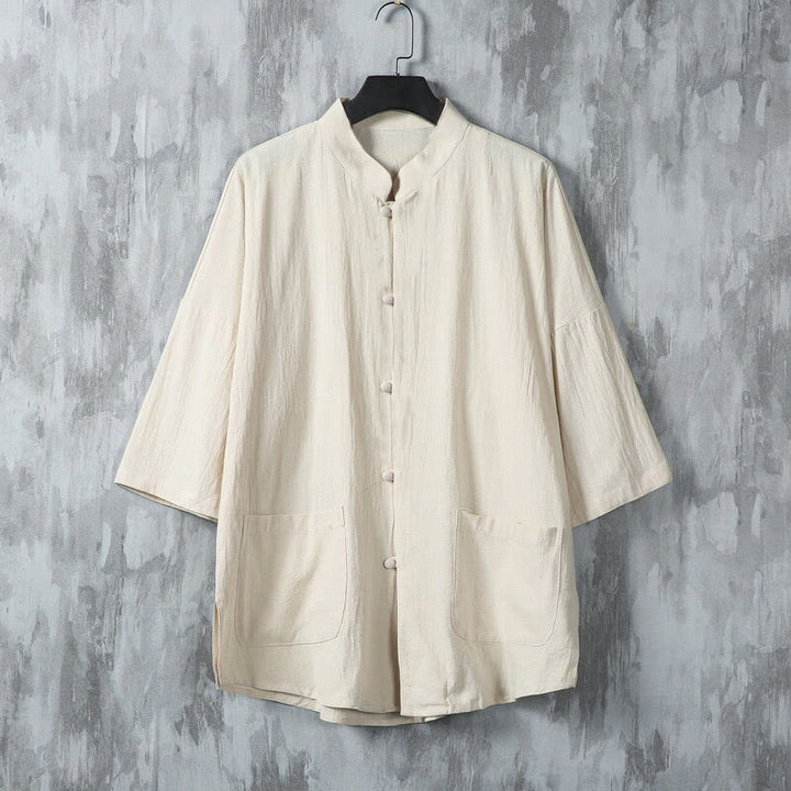 Camicia da uomo in lino a mezza manica con tasche, modello Buddha Stones Summer, tinta unita