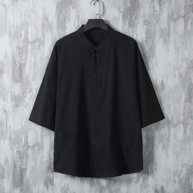 Camicia da uomo in lino a mezza manica con tasche, modello Buddha Stones Summer, tinta unita - Nero - US/UK/AU46, EU56 (5XL) - image 7