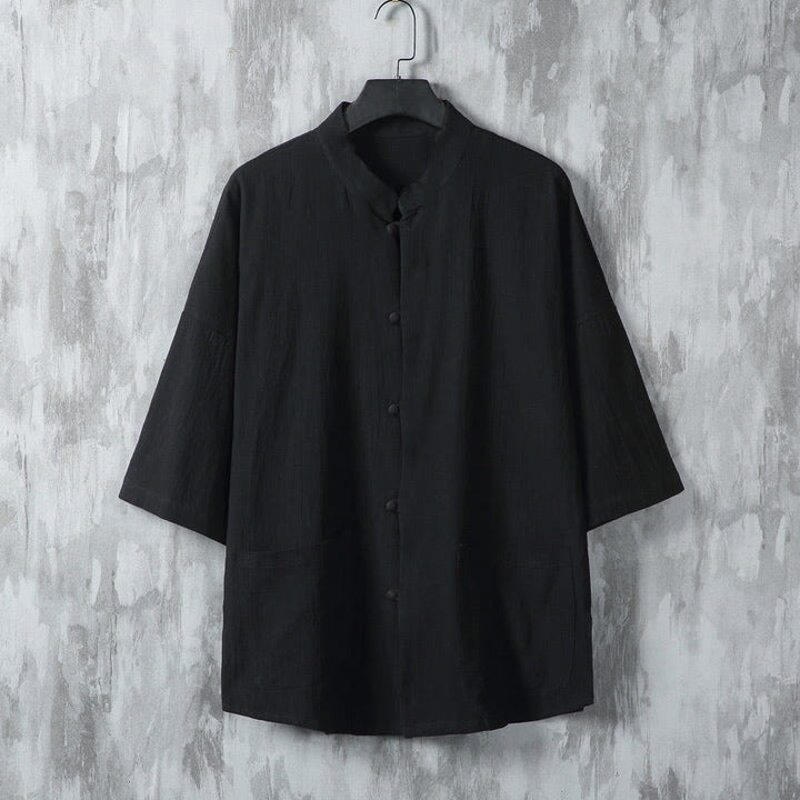 Camicia da uomo in lino a mezza manica con tasche, modello Buddha Stones Summer, tinta unita