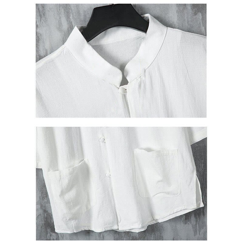 Camicia da uomo in lino a mezza manica con tasche, modello Buddha Stones Summer, tinta unita