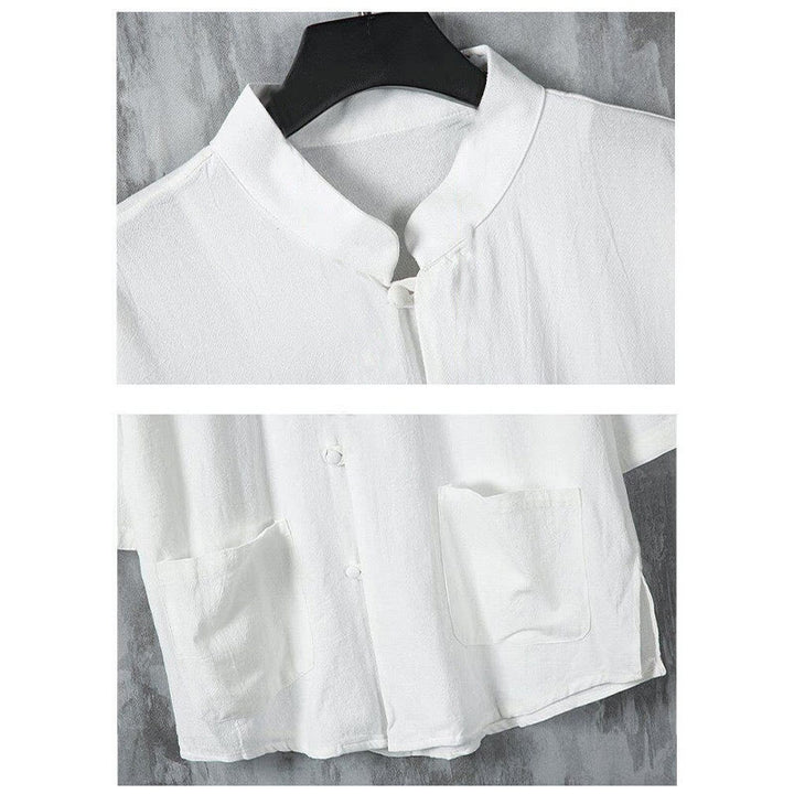 Camicia da uomo in lino a mezza manica con tasche, modello Buddha Stones Summer, tinta unita