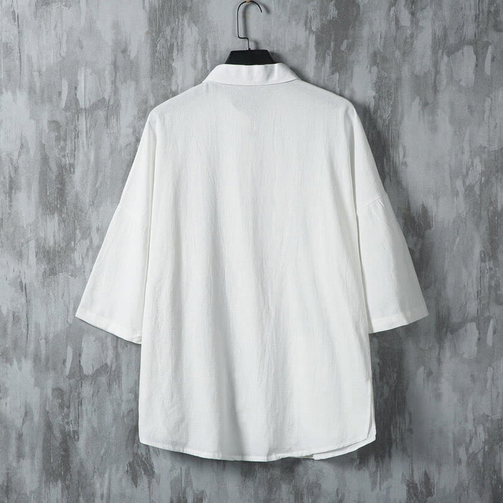 Camicia da uomo in lino a mezza manica con tasche, modello Buddha Stones Summer, tinta unita