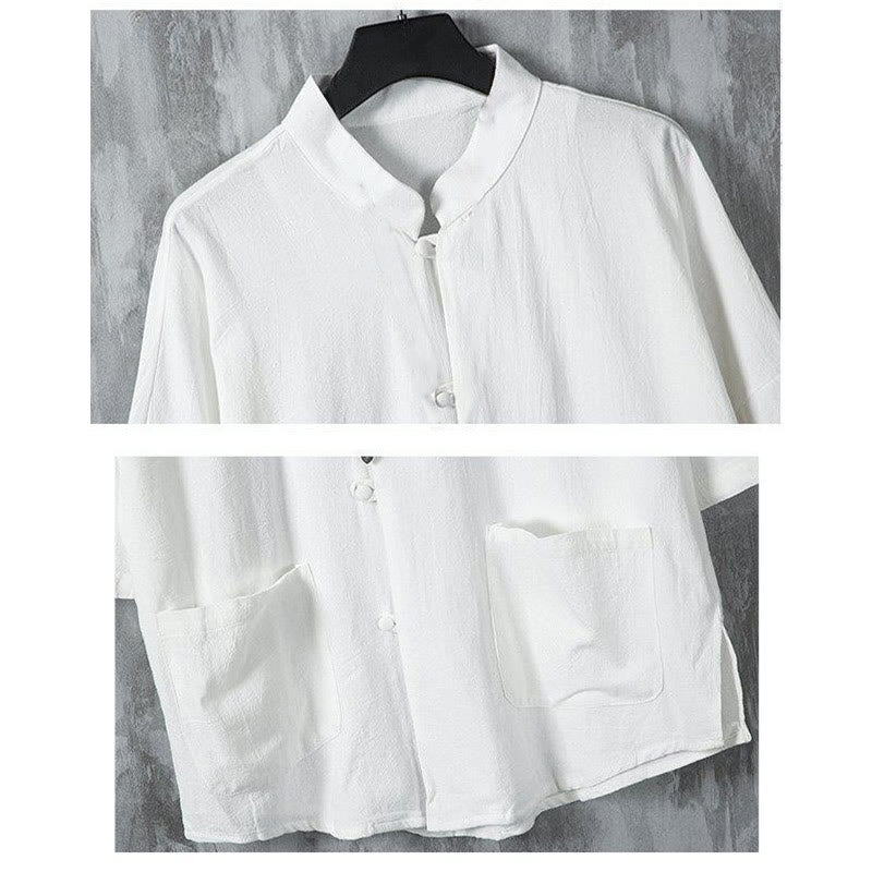 Camicia da uomo in lino a mezza manica con tasche, modello Buddha Stones Summer, tinta unita