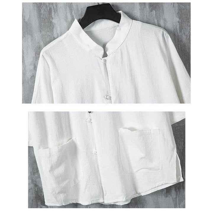 Camicia da uomo in lino a mezza manica con tasche, modello Buddha Stones Summer, tinta unita