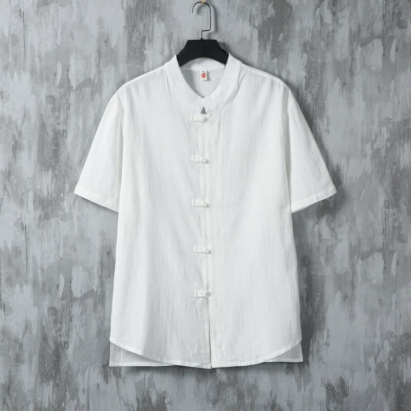 Camicia da uomo in cotone a maniche corte con bottoni a rana, modello Buddha Stones Summer Plain Tang Suit