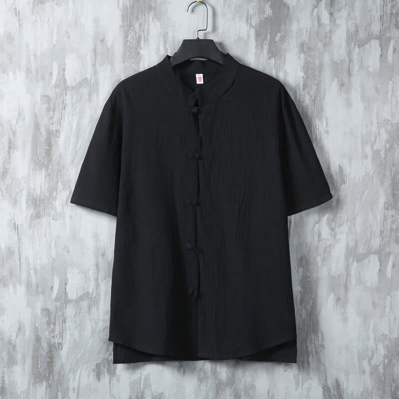 Camicia da uomo in cotone a maniche corte con bottoni a rana, modello Buddha Stones Summer Plain Tang Suit