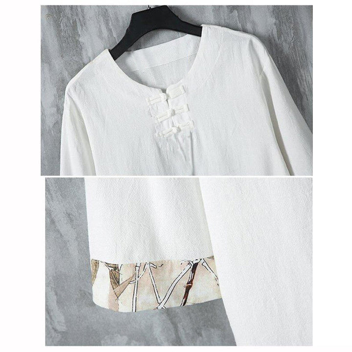 Camicia da uomo in lino a mezza manica con bottoni estivi a forma di rana e foglie di bambù gialle, motivo Buddha Stones