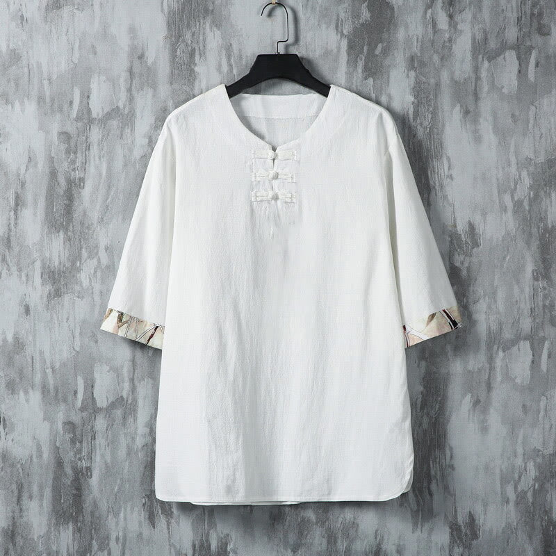 Camicia da uomo in lino a mezza manica con bottoni estivi a forma di rana e foglie di bambù gialle, motivo Buddha Stones