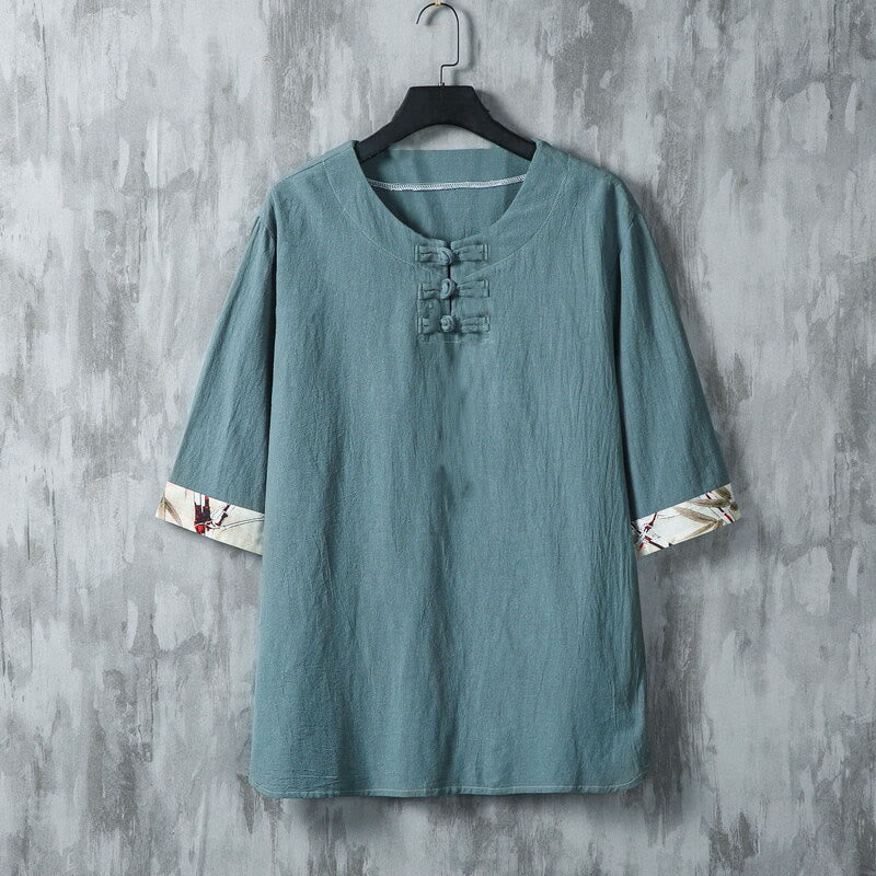 Camicia da uomo in lino a mezza manica con bottoni estivi a forma di rana e foglie di bambù gialle, motivo Buddha Stones - Ciano scuro - US/UK/AU46, EU56 (5XL) - image 0