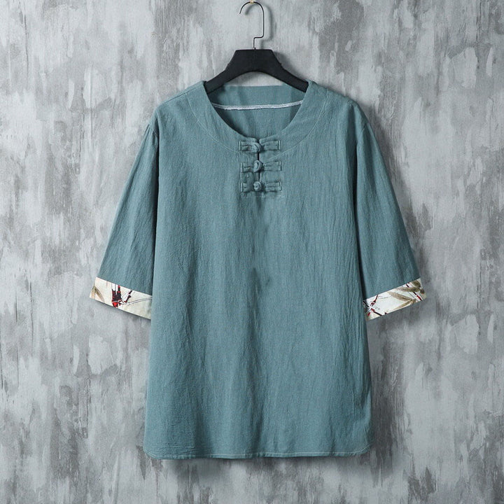 Camicia da uomo in lino a mezza manica con bottoni estivi a forma di rana e foglie di bambù gialle, motivo Buddha Stones