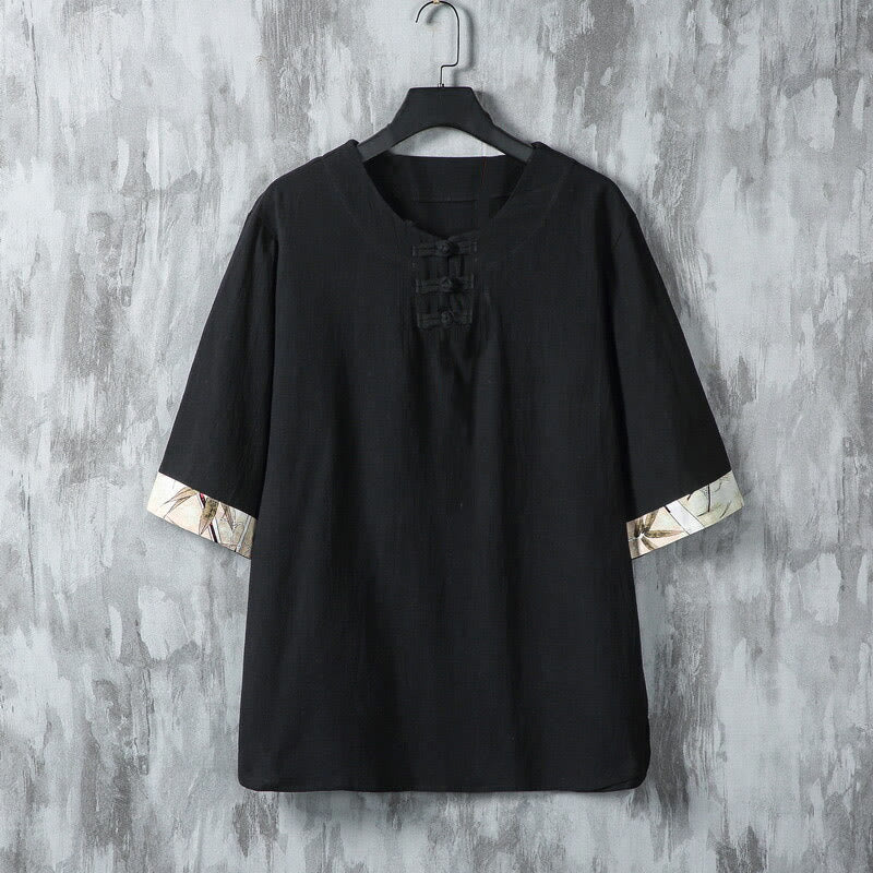 Camicia da uomo in lino a mezza manica con bottoni estivi a forma di rana e foglie di bambù gialle, motivo Buddha Stones