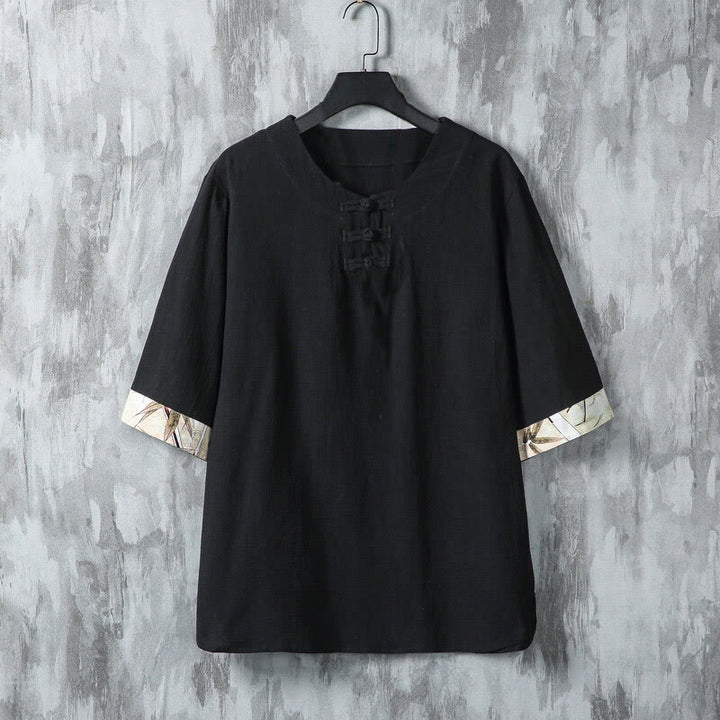 Camicia da uomo in lino a mezza manica con bottoni estivi a forma di rana e foglie di bambù gialle, motivo Buddha Stones