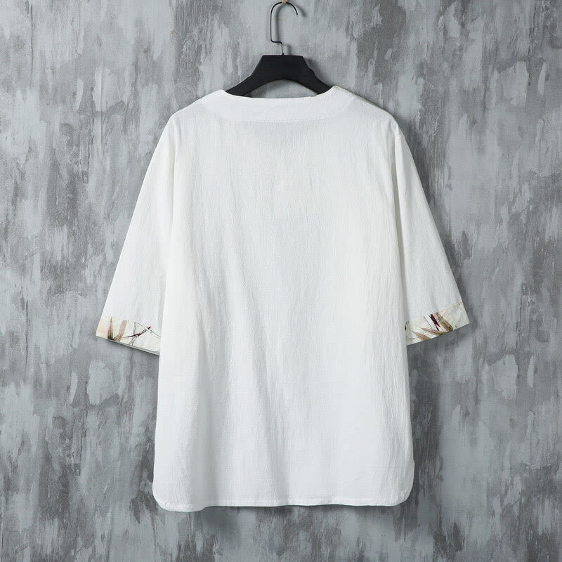 Camicia da uomo in lino a mezza manica con bottoni estivi a forma di rana e foglie di bambù gialle, motivo Buddha Stones