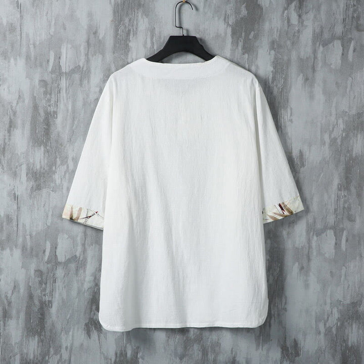 Camicia da uomo in lino a mezza manica con bottoni estivi a forma di rana e foglie di bambù gialle, motivo Buddha Stones