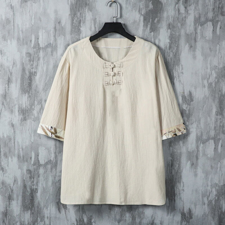 Camicia da uomo in lino a mezza manica con bottoni estivi a forma di rana e foglie di bambù gialle, motivo Buddha Stones