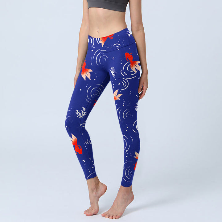 Leggings da palestra con stampa Buddha Stones, motivo a onde d'acqua e pesci rossi, pantaloni da yoga da donna - Blu medio - US18, UK/AU22, EU50 (4XL) - image 0