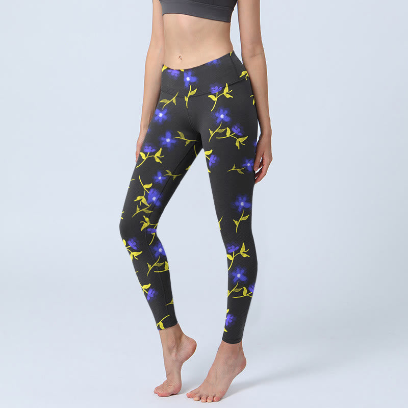Leggings da palestra con stampa di Buddha Stones fiori blu, pantaloni da yoga da donna - Nero - US18, UK/AU22, EU50 (4XL) - image 1