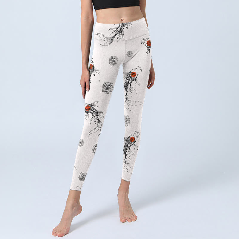 Leggings da palestra con stampa di Buddha Stones, motivo a pesce koi e crisantemo, pantaloni da yoga da donna - image 6