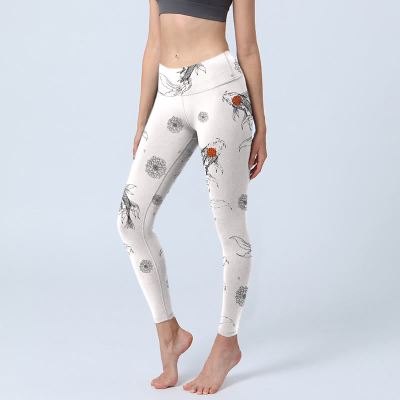 Leggings da palestra con stampa di Buddha Stones, motivo a pesce koi e crisantemo, pantaloni da yoga da donna - Bianco Fantasma - US18, UK/AU22, EU50 (4XL) - image 1