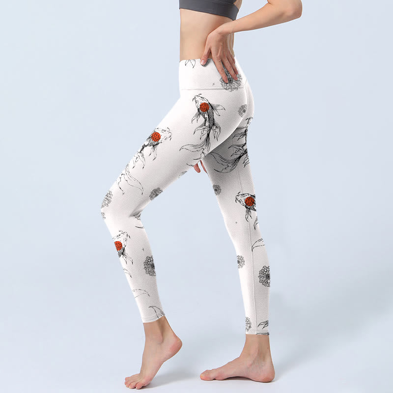 Leggings da palestra con stampa di Buddha Stones, motivo a pesce koi e crisantemo, pantaloni da yoga da donna - image 3